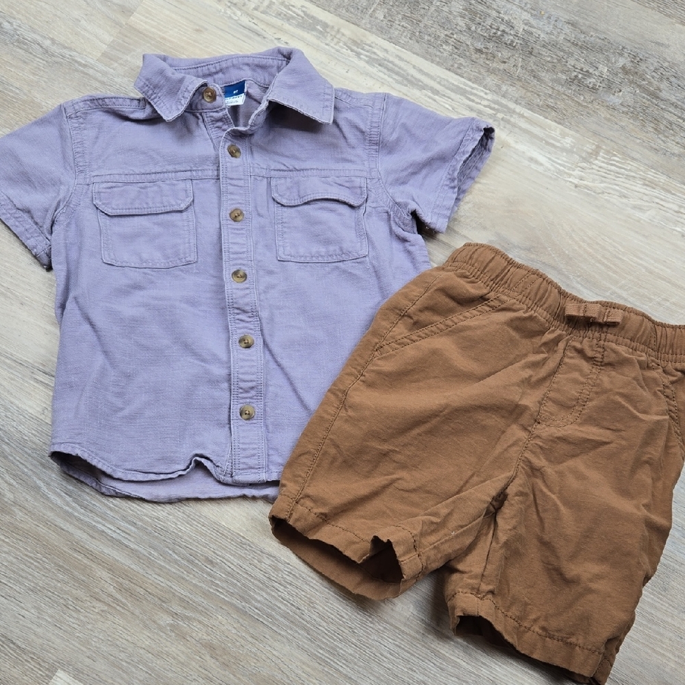 Old Navy 3T Purple Button Down With Jumping Beans Brown Shorts Outfit Set